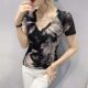 
Tie-dye printed short-sleeved women's summer 2024 new sexy V-neck mesh T-shirt European top fashionable and versatile small shirt