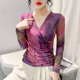 Design sense folds cross V -neck T -shirt women's long -sleeved sexy mesh dyeing printing osmanthus slimming bottom shirt