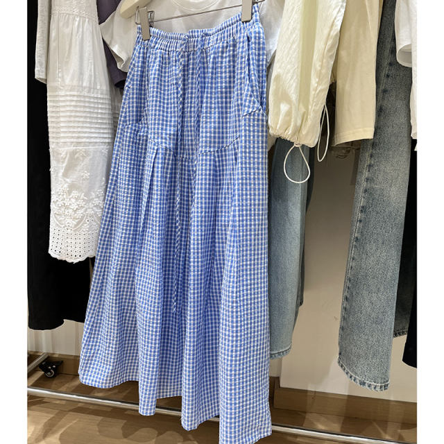 2025 new retro plaid skirt for women summer loose versatile drawstring A-line long skirt for slimming versatile skirt