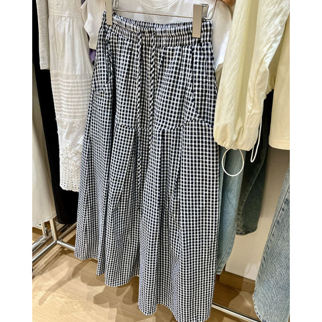 2025 new retro plaid skirt for women summer loose versatile drawstring A-line long skirt for slimming versatile skirt