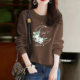 100 pure cotton sweatshirt high-end fashionable literary print large size 160Jin [Jin equals 0.5kg] fat girl slimming round neck pullover autumn and winter top