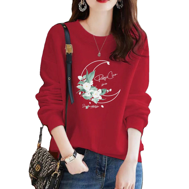 100 pure cotton sweatshirt high-end fashionable literary print large size 160Jin [Jin equals 0.5kg] fat girl slimming round neck pullover autumn and winter top