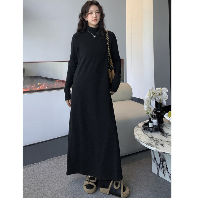 Autumn and winter plus size women's clothing for fat mm slimming belly-covering French solid color high-neck bottoming dress with A-line skirt inside