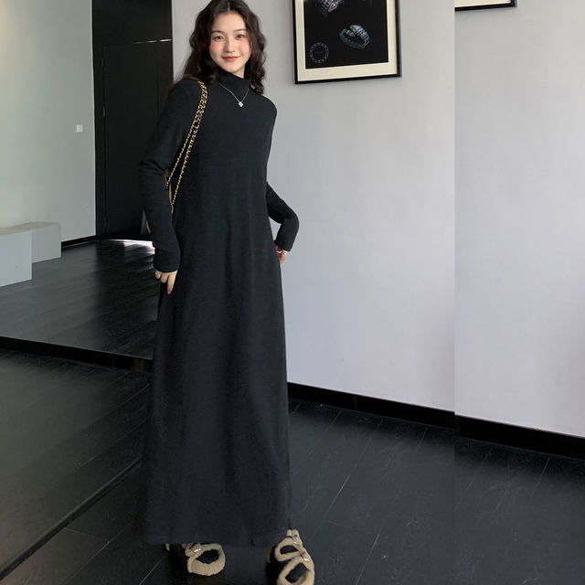 Autumn and winter plus size women's clothing for fat mm slimming belly-covering French solid color high-neck bottoming dress with A-line skirt inside