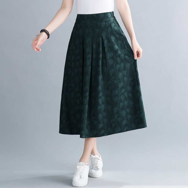 Literary retro printed skirt 2022 spring and autumn jacquard cotton linen pleated A-line skirt elastic waist long skirt for women