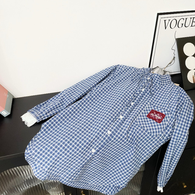 
le rouge Zhou Meimei Retro Academy Blue and White Plaid Lace Spliced ​​Label Drawstring Stand Collar Sunscreen Shirt