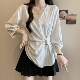 High-end black V-neck long-sleeved shirt for women in spring and summer large size fat mm irregular waist-hugging temperament unique top