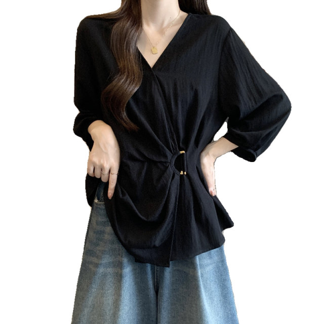 High-end black V-neck long-sleeved shirt for women in spring and summer large size fat mm irregular waist-hugging temperament unique top