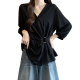 High-end black V-neck long-sleeved shirt for women in spring and summer large size fat mm irregular waist-hugging temperament unique top