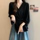 High-end black V-neck long-sleeved shirt for women in spring and summer large size fat mm irregular waist-hugging temperament unique top