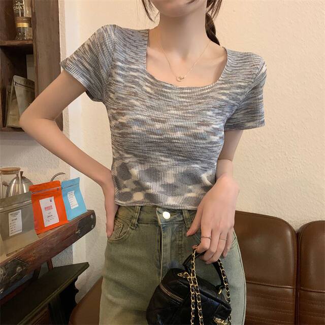 Women's 2025 summer new T-shirt Korean style fashion rainbow color soft glutinous square collar short-sleeved top inner wear ins
