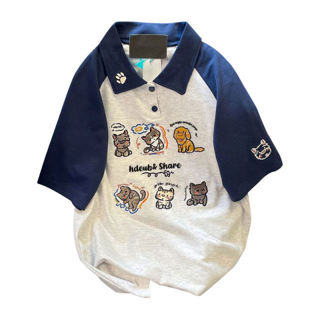 Cotton new POLO lapel stitching tide brand short -sleeved T -shirt women loose cartoon embroidery half -sleeved shirt