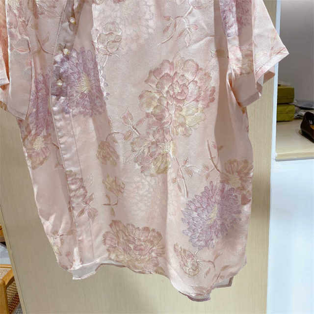 Pink jacquard slanted button mulberry silk short-sleeved shirt for women in spring and summer new style Chinese style slim top