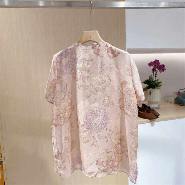 Pink jacquard slanted button mulberry silk short-sleeved shirt for women in spring and summer new style Chinese style slim top