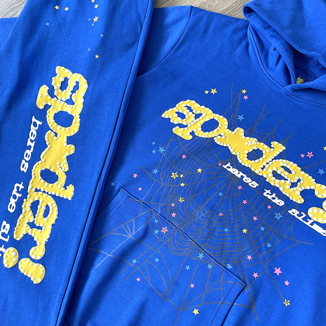 SP5DER 555555 TC BLUE HOODIE PANTS Spider Web Men and Women Casual