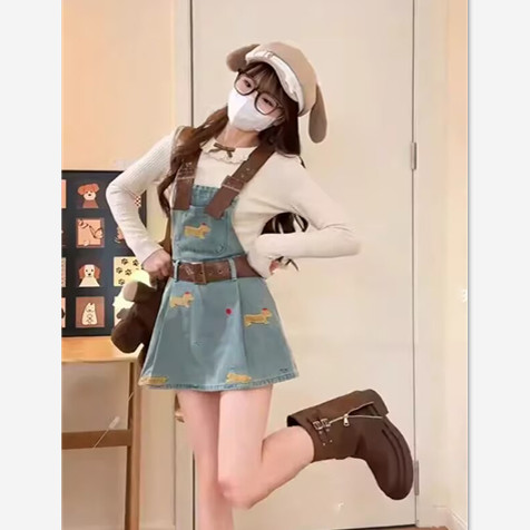 Sweet and cute denim strap skirt for women in spring and summer small girl age-reducing short skirt waist-hugging and slimming A-line dress