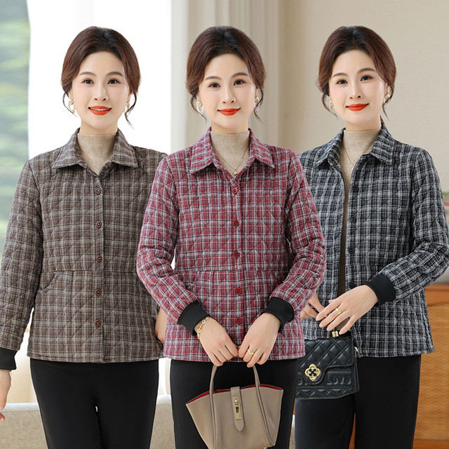 Mom wears a thin plaid cotton coat in autumn and winter, fashionable middle-aged and elderly women's versatile short cotton jacket cotton coat