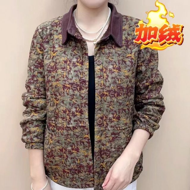 
Middle-aged mother's clothing autumn lapel plus velvet jacket 2025 new women's casual floral long-sleeved tops