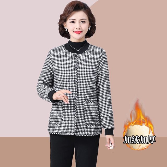 Middle-aged and elderly new style cotton-padded clothes, fashionable plaid plus velvet cotton-padded jackets, female mothers’ fashionable autumn and winter thickened warm cotton-padded clothes