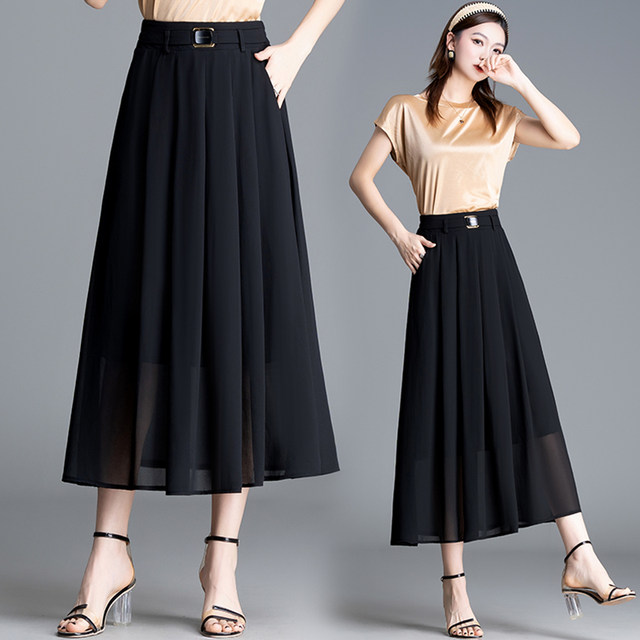 2025 new chiffon skirt for women summer mid-length high waist pleated skirt drooping umbrella skirt pocket a line skirt