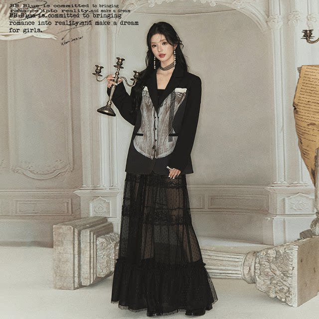 BB BLUE retro, fashionable, loose and versatile medieval waist, thin printed suit outer jacket female
