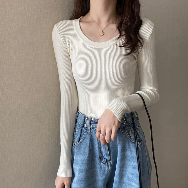 Large size fat mm solid color round neck long sleeve sweater autumn and winter new slim fit slim inner bottom shirt top for women