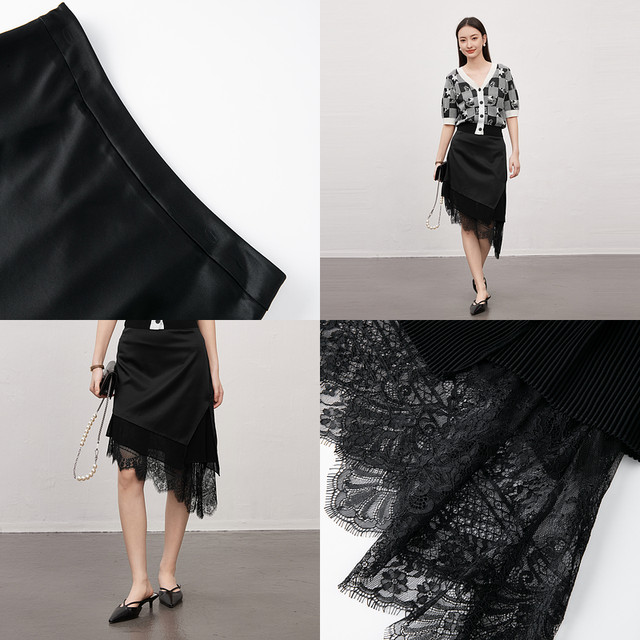 XG Xue Ge Black Commuter Irregular Skirt Fashion Summer New Creative Lace Spliced ​​Mid-Long Skirt Women's Clothing