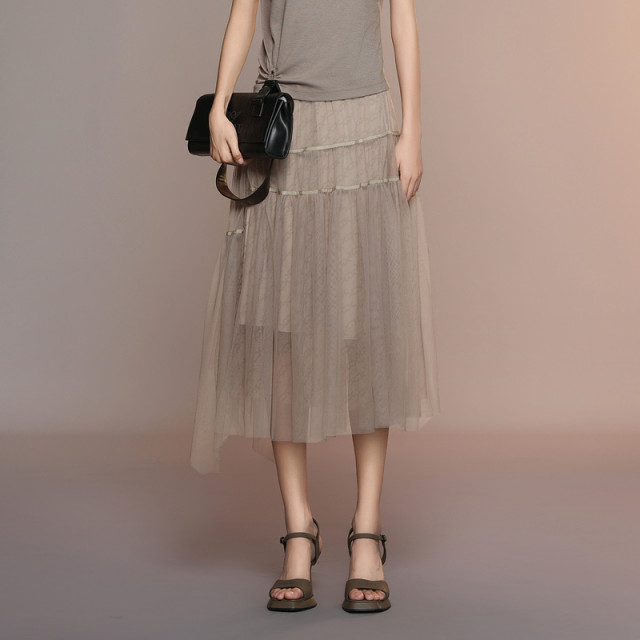 XG Snow Song Khaki Commuter Simple Skirt 2025 Summer New Irregular Mesh Design Mid-Long Skirt for Women
