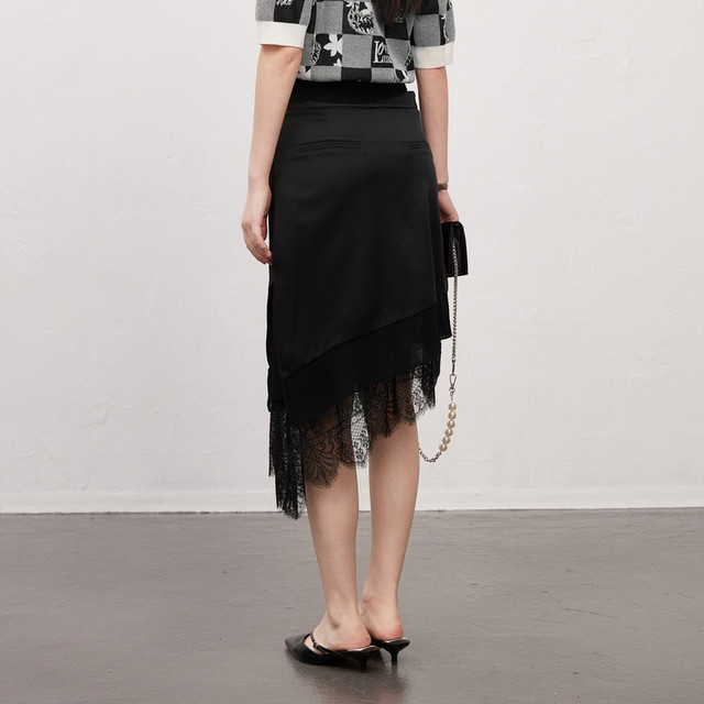 XG Xue Ge Black Commuter Irregular Skirt Fashion Summer New Creative Lace Spliced ​​Mid-Long Skirt Women's Clothing