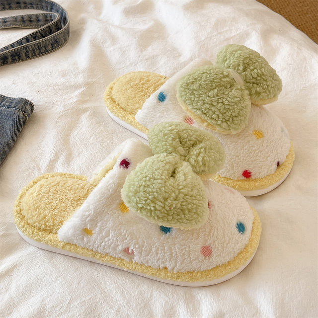 
2025 New Furry Shoes Women's Winter Indoor Home Cute Polka Dot Bow Plush Warm Baotou Cotton Slippers