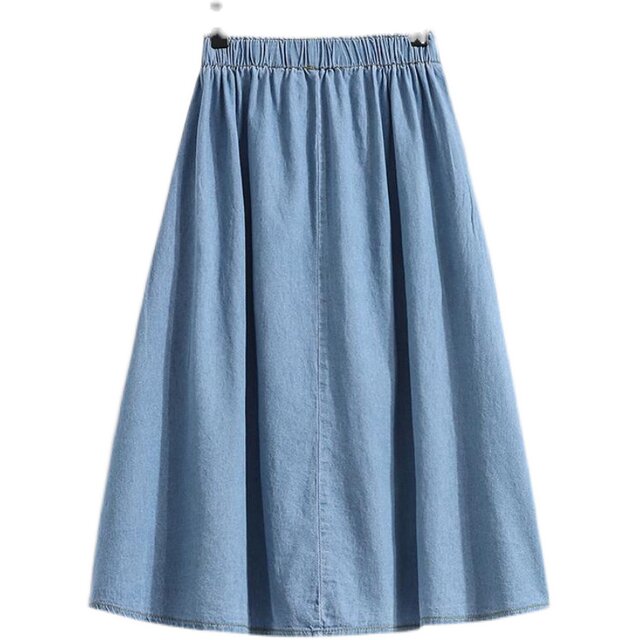Denim skirt elastic waist solid color 2023 spring and summer new style literary mid-length large pocket button a-line skirt