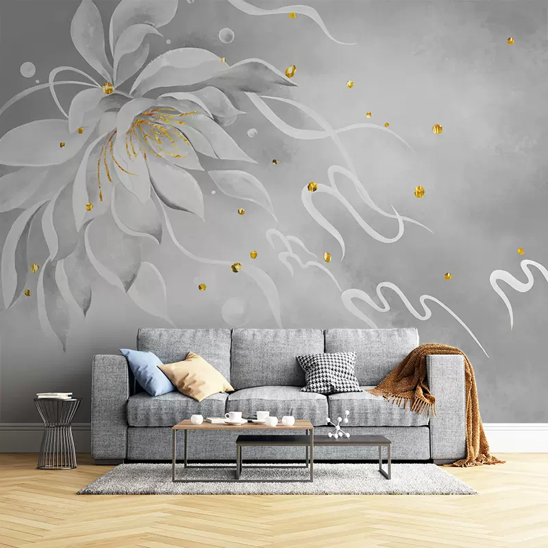 现代墙纸ins轻奢沙发电视背景墙壁纸花朵法式壁布画卧室