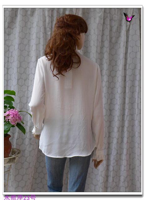 Spring and summer black and white stand collar tie ribbon straight commuter women long sleeve chiffon shirt thin shirt flared sleeves