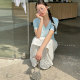 1ess la mode dachshund dog pattern white V-neck inner short-sleeved women's new base T-shirt top slim
