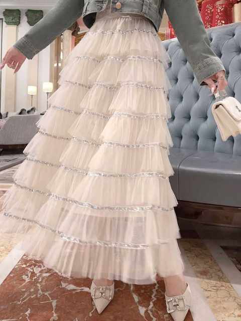 2024 spring and summer new French style sweet sequin spliced ​​mesh high waist big A-line cake skirt for women