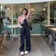 Retro embroidered denim overalls for women in spring and summer new American high-waisted slimming loose straight wide-leg floor-slimming pants