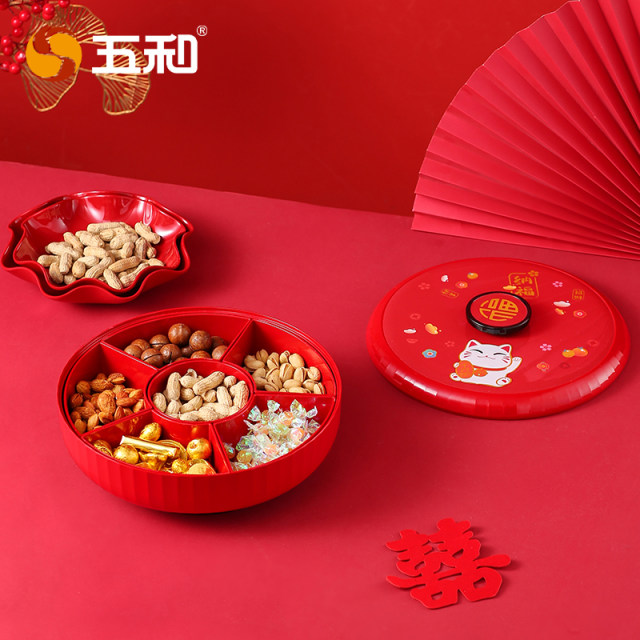 Wuhe New Year lucky cat candy box rotating fruit plate home living room coffee table fruit melon seeds and dried fruit storage box