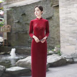 Velvet Cheongsam Dress Noble Glamour Moms Wedding Wedding Wedding Wedding Wedding High-end In-laws Wedding Dress Lady Elegant Dress