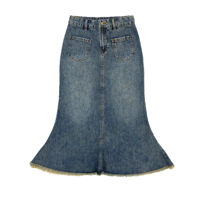 Furrowed fringed fishtail half-body denim skirt for women 2025 spring and summer new drooping old hip A-line midi skirt
