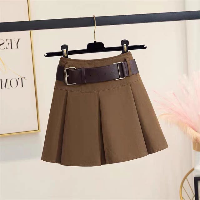 Maillard skirt for women's autumn new American miniskirt with leather belt Hong Kong style retro brown pleated skirt
