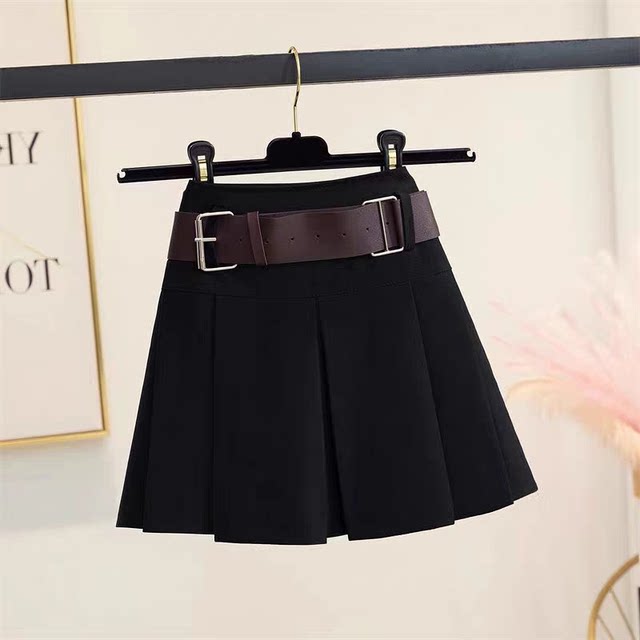 Maillard skirt for women's autumn new American miniskirt with leather belt Hong Kong style retro brown pleated skirt
