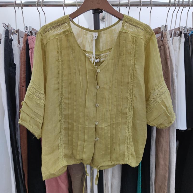 缇素2259短袖v领薄款蕾丝网纱微透薄款苎麻衬衫棉麻衬衣夏季女装