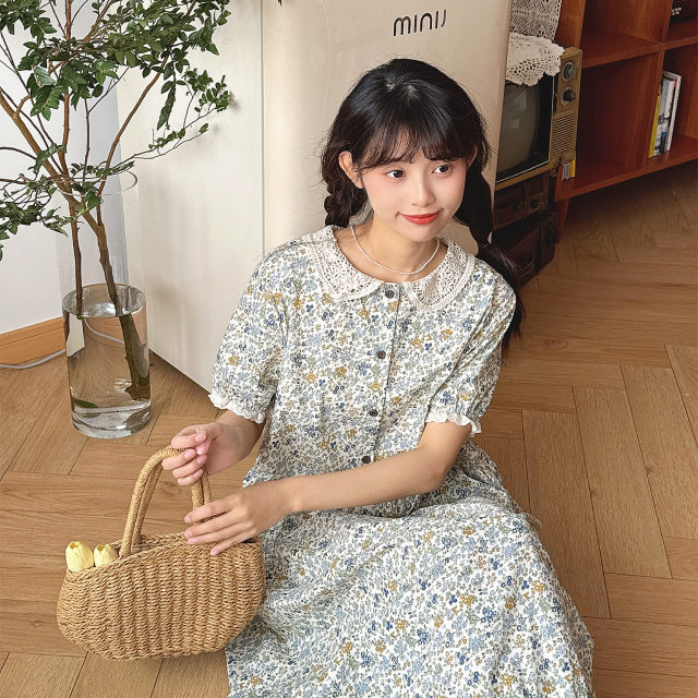 Forest summer pastoral style blue floral short-sleeved dress retro lace lace doll collar sweet long skirt