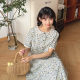 Forest summer pastoral style blue floral short-sleeved dress retro lace lace doll collar sweet long skirt