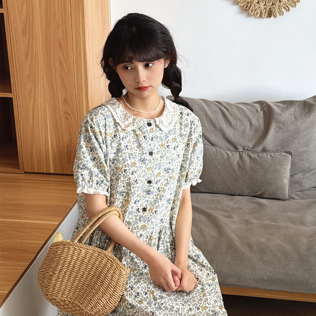 Forest summer pastoral style blue floral short-sleeved dress retro lace lace doll collar sweet long skirt