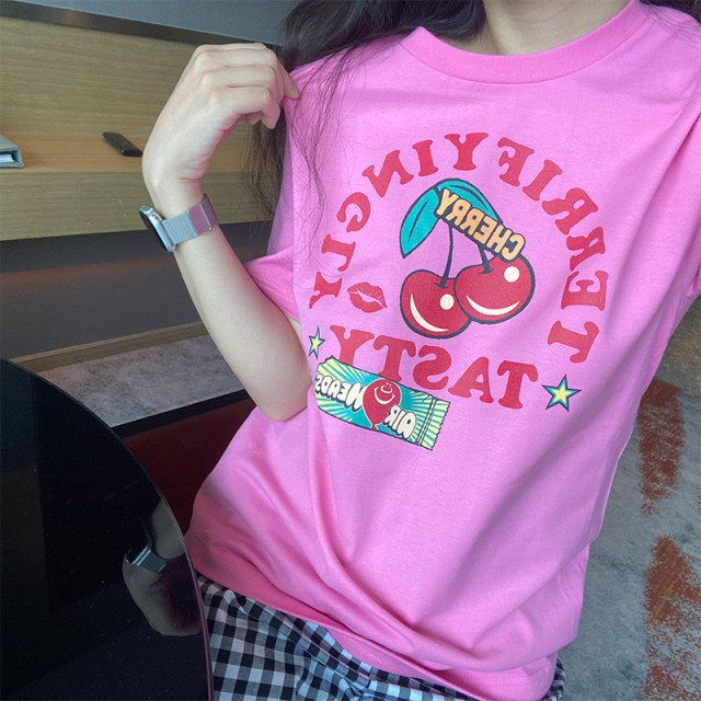 Mr. Mark's homemade cherry pattern rose pink white pure cotton comfortable loose Korean version sweet short-sleeved T-shirt for women