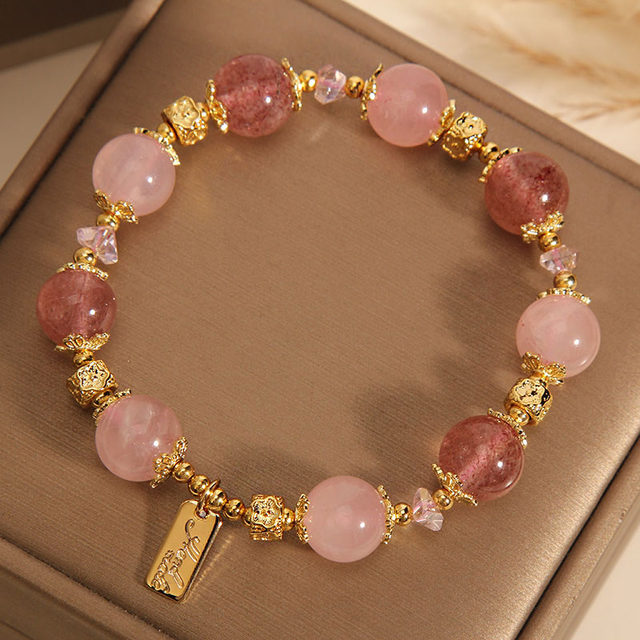 Natural Strawberry Crystal Three Loops Long Chain Bracelet