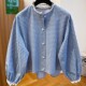 Blue small plaid shirt for women 2025 spring new loose short lace lace design lantern sleeve top