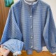Blue small plaid shirt for women 2025 spring new loose short lace lace design lantern sleeve top