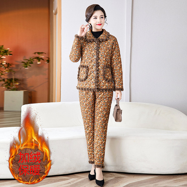 Mom's new winter casual cotton jacket and cotton pants for women two-piece suit fashionable plush plush thickened plaid cotton jacket suit
